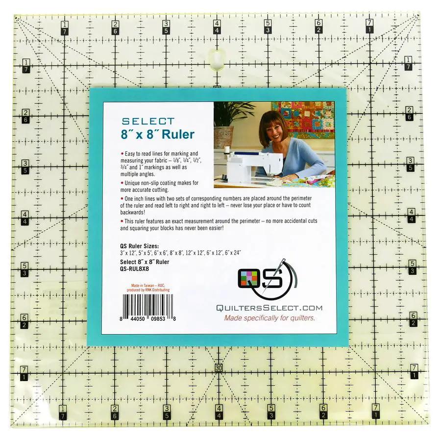 Quilters Select 8x8 Non-Slip Ruler with teal border.
