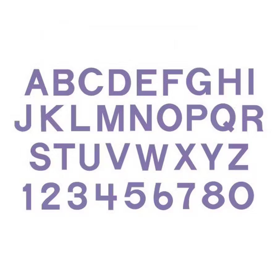 Sizzix Bigz Alphabet & Number die set, 1-1/2in block uppercase A-Z and digits 0-8, purple on white