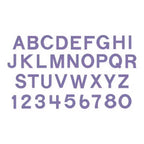 Sizzix Bigz Alphabet & Number die set, 1-1/2in block uppercase A-Z and digits 0-8, purple on white