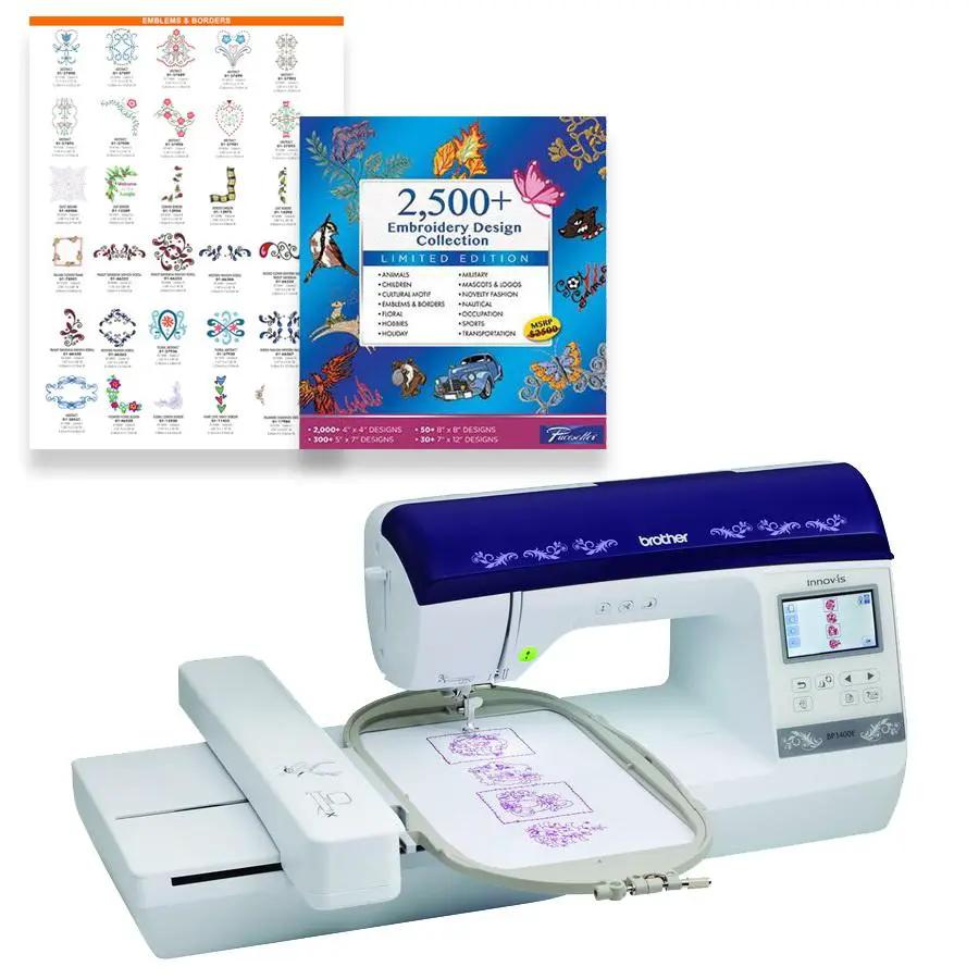 Brother BP1400E embroidery machine with blue lid and white body; includes a 2,500+ embroidery design collection booklet.
