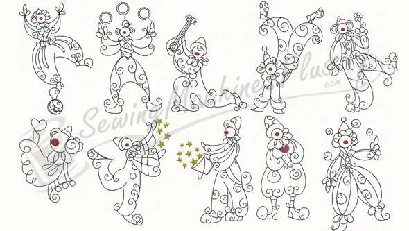 B-Studio Designs Clowning Around embroidery designs: 12 black-and-white line-clown patterns by Notcina/Generations Embroidery