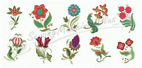 Embroidery software Flirty Florals set by Notcina/Generations Embroidery Systems, colorful floral embroidery designs.