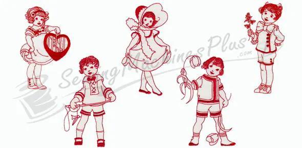 Embroidery design set: I Gave My Love Mini by Notcina/Generations; five red cartoon children motifs.