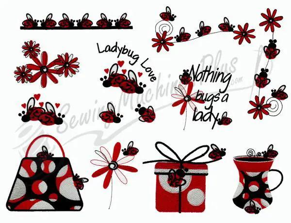 Lady Bug Whims embroidery designs in red and black, featuring ladybugs, flowers, gifts and accessories.