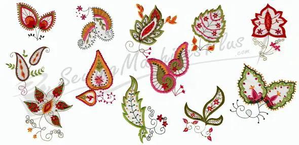 A Little Like Paisley embroidery software patterns featuring colorful red, green, and pink paisley motifs.