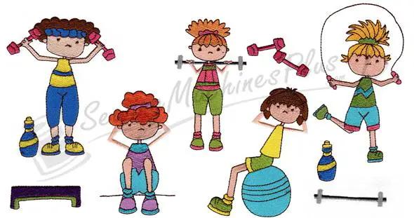 Embroidery design: B-Studio Designs Don't Sweat The Small Stuff-Mini (BG0118002), colorful group of kids exercising.