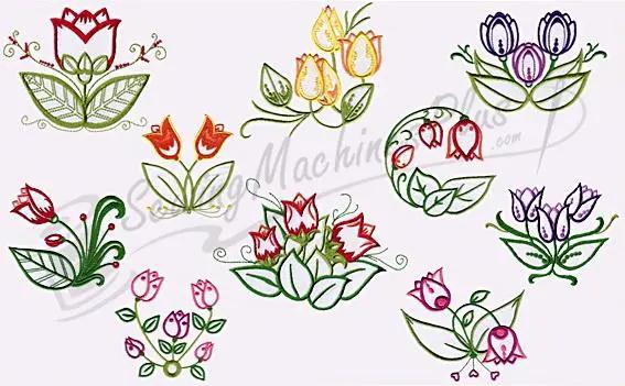 B-Studio Designs Tip Toe Tulips embroidery set; nine tulip motifs in assorted colors by Notcina/Generations.