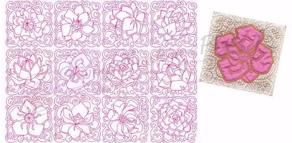 Embroidery software B-Studio Designs Willa Roses by Notcina, 12 pink rose embroidery designs with fabric sample.