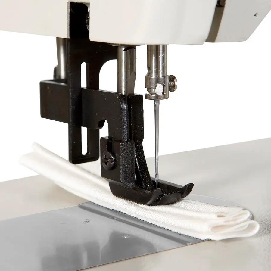 Reliable Barracuda 200ZW industrial sewing machine with black presser foot sewing white fabric
