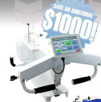 White quilting machine with digital display and promotional text