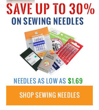 Promotional banner for sewing needles with various brands and packaging, featuring a discount offer.