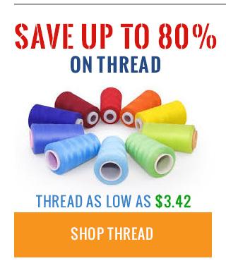 Promotional banner for thread sale with colorful spools of thread and text.