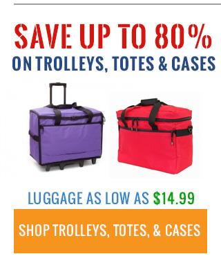 Promotional advertisement for discounted luggage including trolleys, totes, and cases with two sample products displayed.
