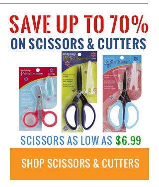 Promotional banner for scissors and cutters with packaging images and text.
