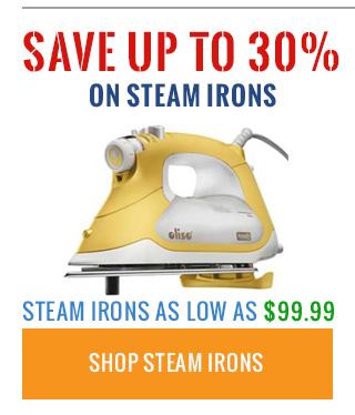 Yellow steam iron with promotional text