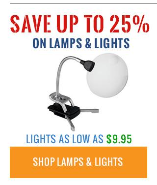 Promotional advertisement for saving up to 25% on lamps and lights with a desk lamp displayed.
