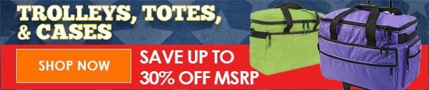 Advertisement for Trolleys, Totes and Cases with offer details