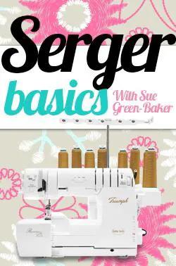 Serger basics San Marcos class banner featuring a white serger with gold-thread spools by SewingMachinesPlus