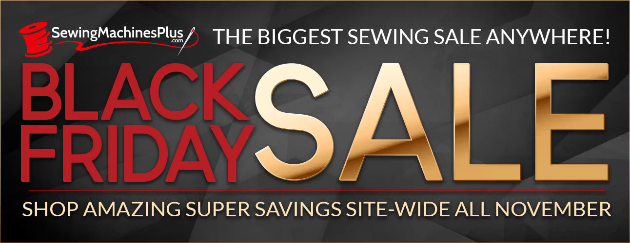 Black Friday sale advertisement for Sewing Machines Plus with red and gold text on a dark background.