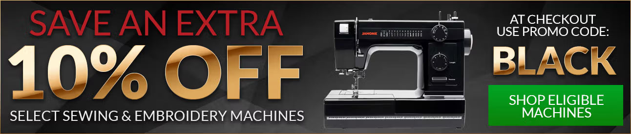 Promotional banner for an extra 10% off select sewing and embroidery machines with a black sewing machine on a dark background.