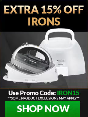 Advertisement for Panasonic iron with promotional text and code on a dark background