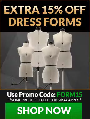 Promotional banner for dress forms with text about an extra 15% off and a shop now button.