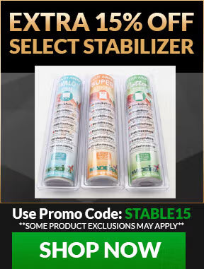 Promotional banner for stabilizer with three rolls and a discount offer.