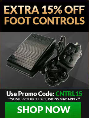 Promotional advertisement for foot controls with a discount offer and a 'Shop Now' button.