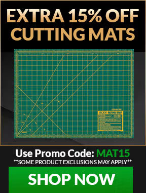 Promotional banner for cutting mats with a green grid pattern, discount text, and call to action.