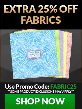 Promotional banner for fabrics with a discount offer and a 'Shop Now' button.