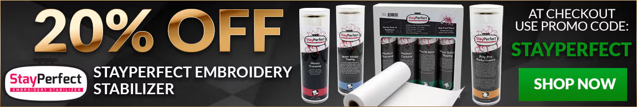 Advertisement for StayPerfect embroidery stabilizer with product images and promotional text.