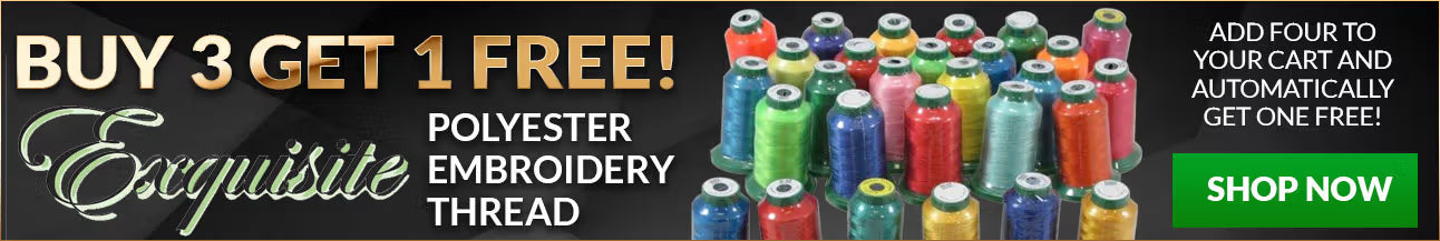 Promotional banner for polyester embroidery thread with colorful spools and text offering a buy 3 get 1 free deal.