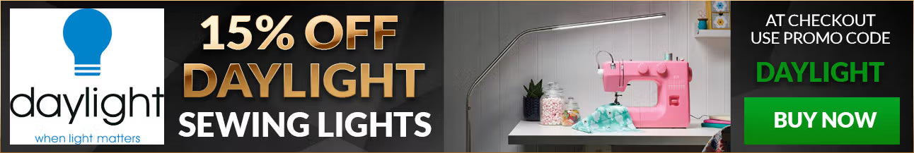 Promotional banner for daylight sewing lights with a discount offer and a pink sewing machine on a table.