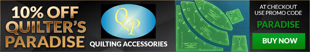 Promotional banner for Quilter's Paradise with a discount offer and product image.