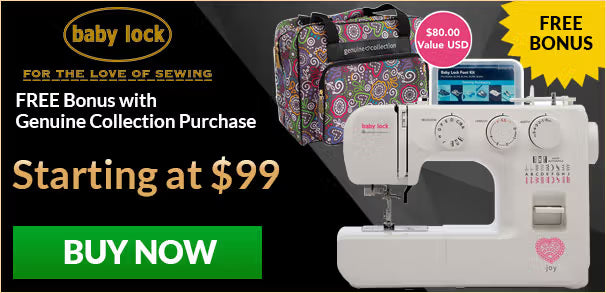 Promotional banner for Baby Lock sewing machine with a free bonus offer.