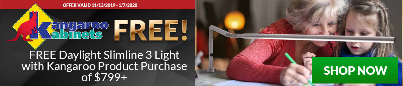 Promotional banner for Kangaroo Cabinets with a free daylight slimline 3 light offer.