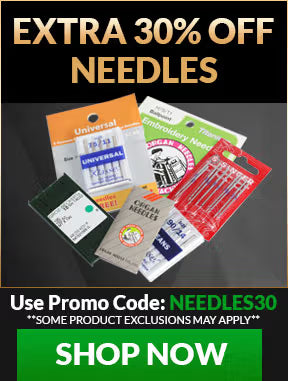 Promotional banner for needles with discount offer and product exclusions.