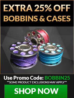 Promotional advertisement for bobbins and cases with a discount offer and a 'Shop Now' button.