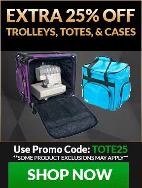 Promotional banner for trolleys, totes, and cases with a discount offer and a 'Shop Now' button.