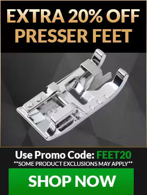 Promotional advertisement for extra 20% off presser feet with a clear background