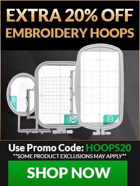Advertisement for embroidery hoops with a discount offer on a black background