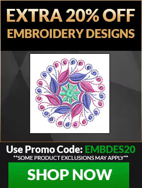Promotional banner for embroidery designs with a colorful floral design and text offering an extra 20% off.