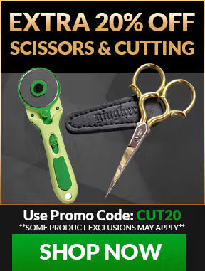 Promotional banner for scissors and cutting tools with a discount offer.