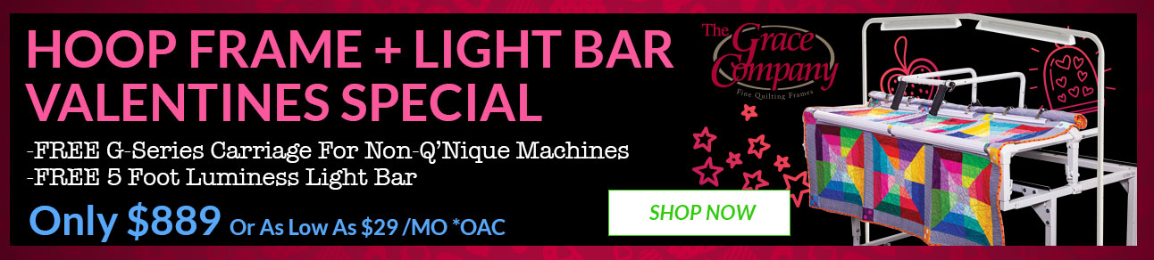 Promotional banner for hoop frame and light bar with quilted table and machine
