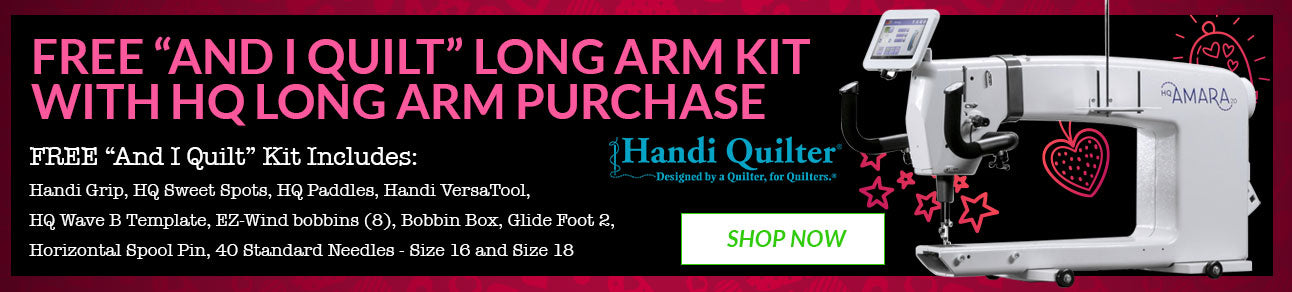 Advertisement for a long arm quilting kit with a sewing machine