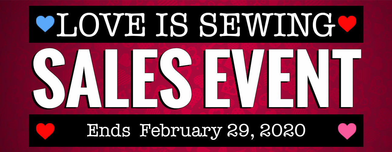 Promotional banner for 'Love is Sewing' sales event with hearts