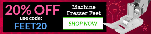 Promotional banner for machine presser feet with 20% off