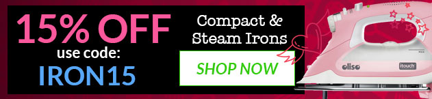 Promotional banner for compact and steam irons with a pink iron, 15% off