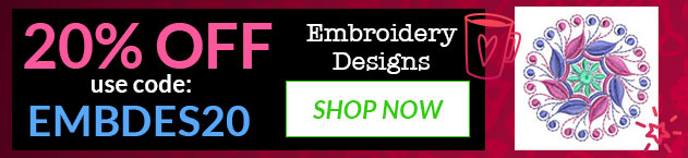 Promotional banner for embroidery designs with a discount offer