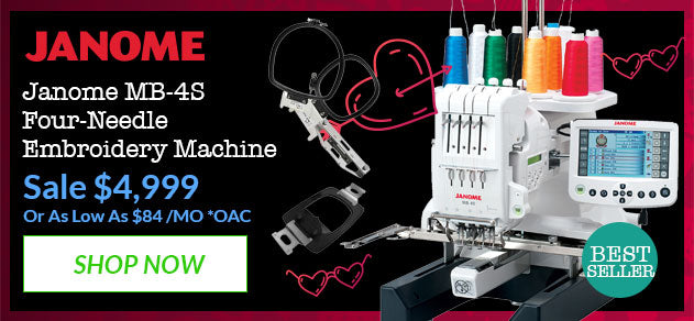 Janome embroidery machine with promotional text